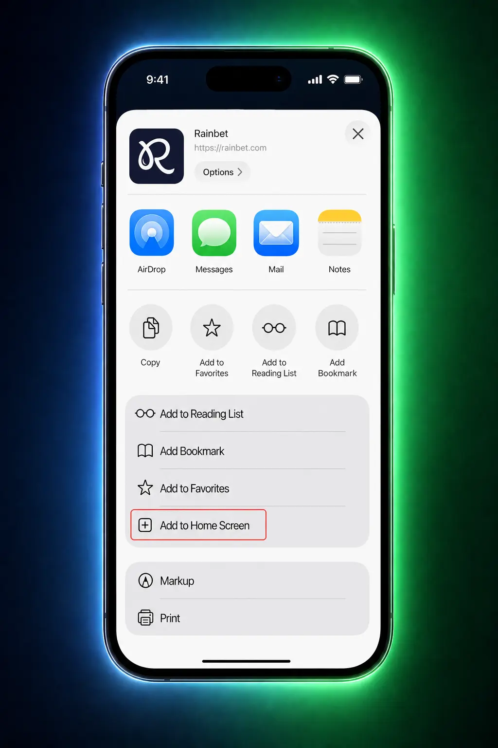 Steps to install Rainbet as a PWA on iPhone and iPad using Safari's Share and Add to Home Screen options.