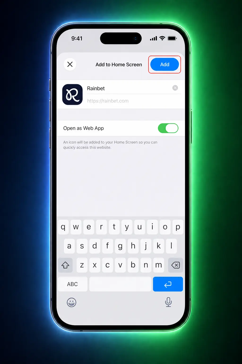 Steps to install the Rainbet PWA on iPhone and iPad via Safari's Add to Home Screen feature.