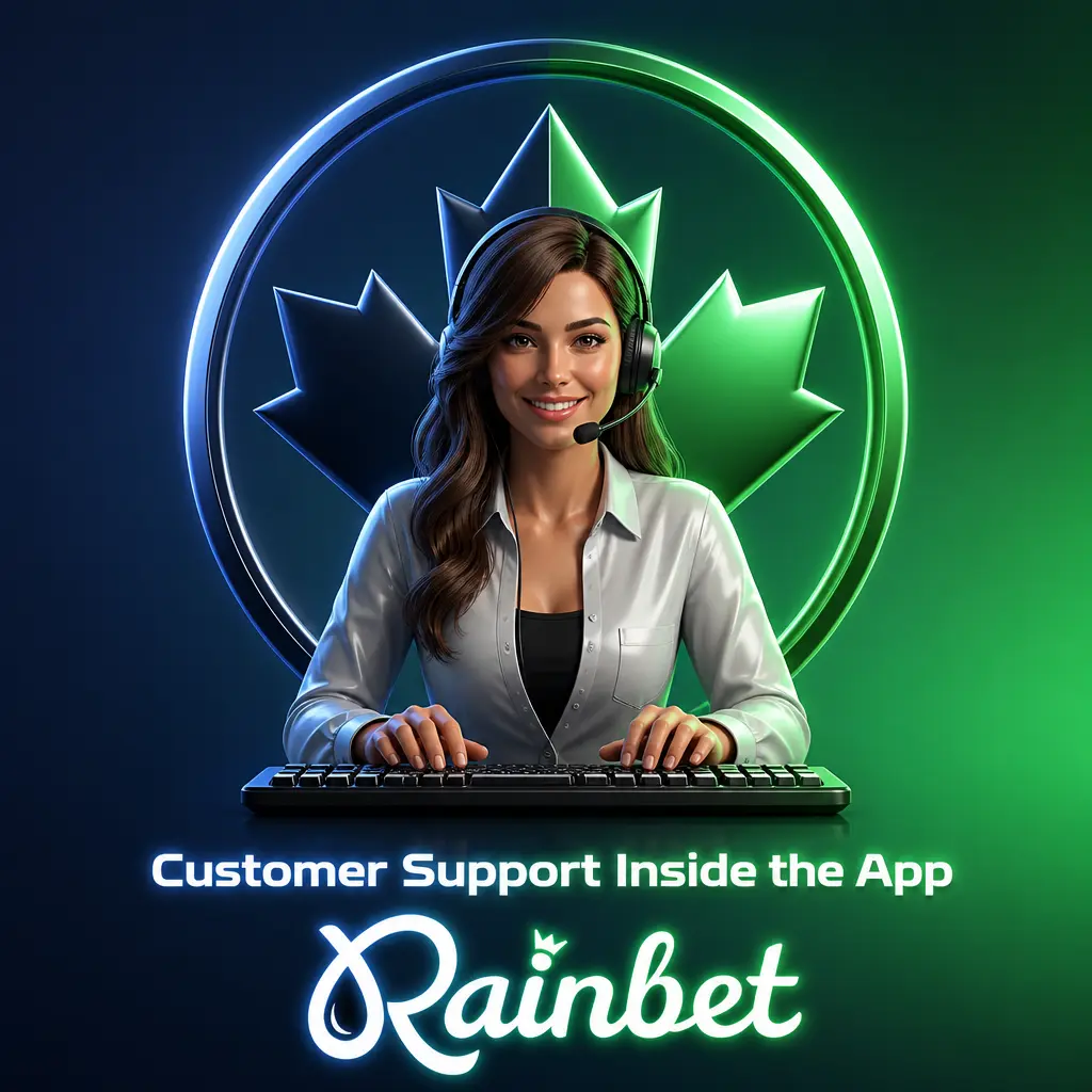 Rainbet app customer support menu showing live chat, email support, and help center options