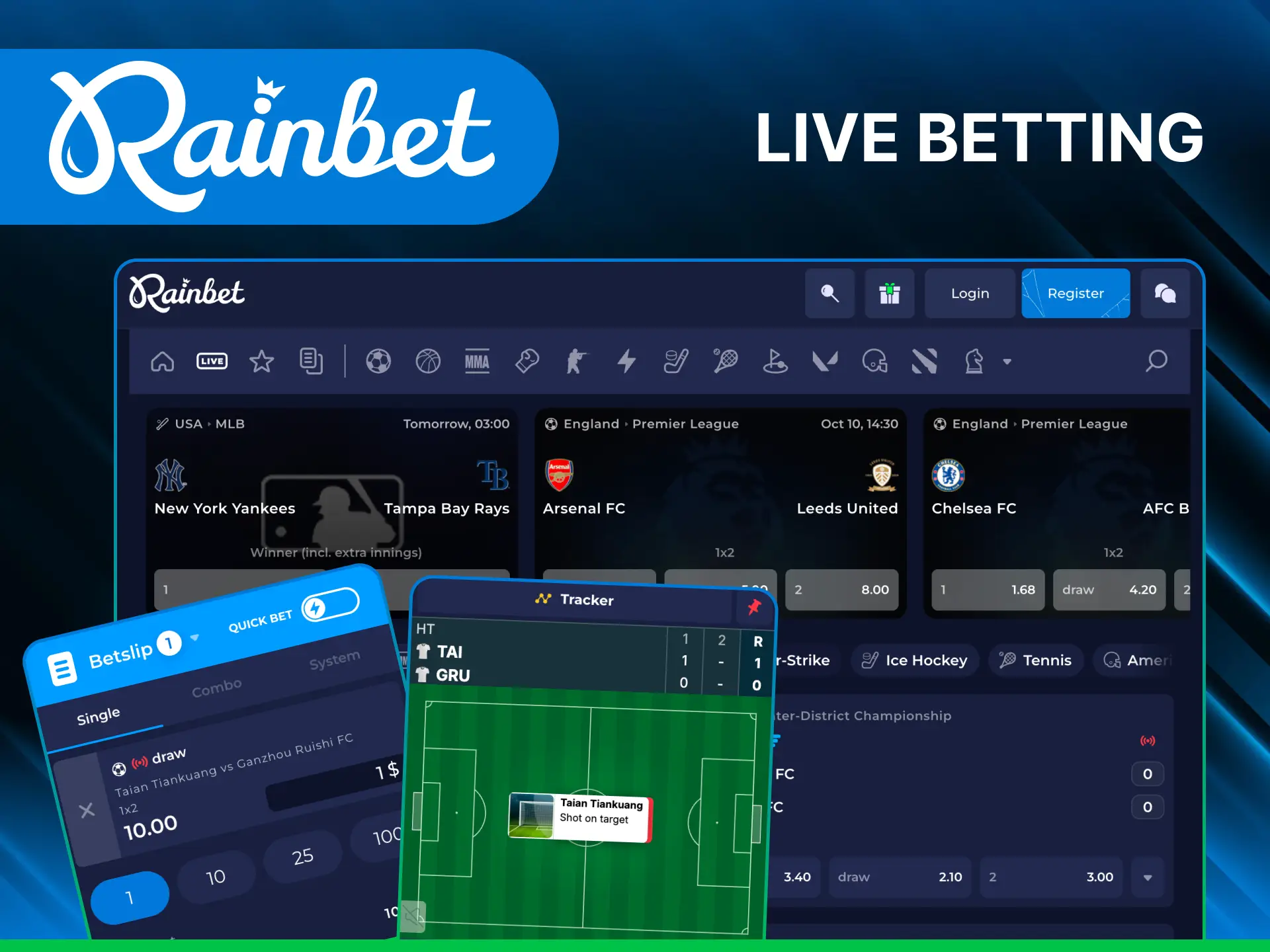 Experience live betting on the Rainbet sports betting site right now.