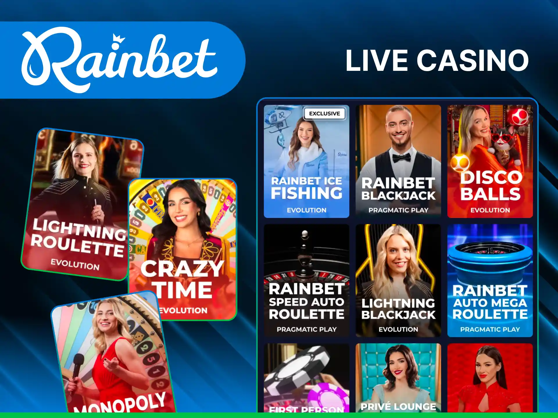 Place live casino bets with real dealers on the Rainbet platform.