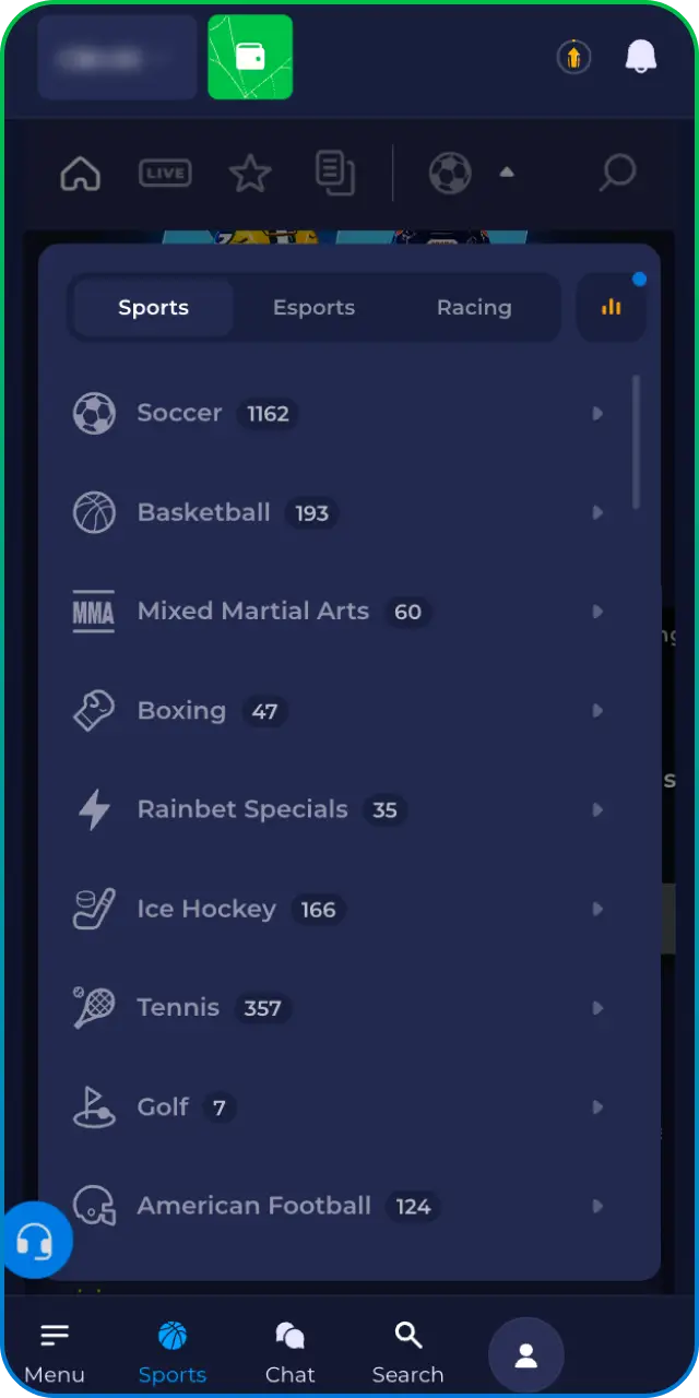 Choose a sport and league on Rainbet to view available matches.
